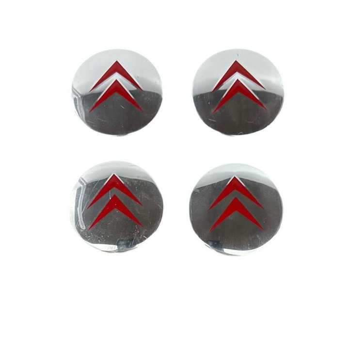 4 darabos Citroën embléma matrica szett, öntapadós, 56 mm-es alumínium lemezből, dísztárcsákra, ezüstpiros színben
