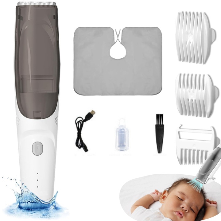 Машинка за подстригване Veridion® за бебета, деца и възрастни с 2 скорости, функция за засмукване, ултратих двоен мотор, водоустойчива машинка IPX7, батерия 600 mAh, презареждаща се чрез USB, 3 гребена в комплекта