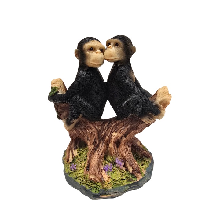 Statueta doua maimute stand pe o ramura, decoratiune din rasina, simbol al intelepciunii, inaltime 15 cm
