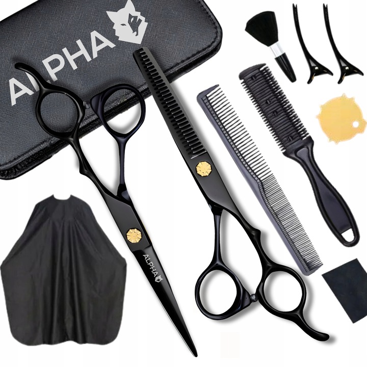 Set profesional de frizerie Alpha, foarfece, degazovki, peleryna, accesorii, multicolor