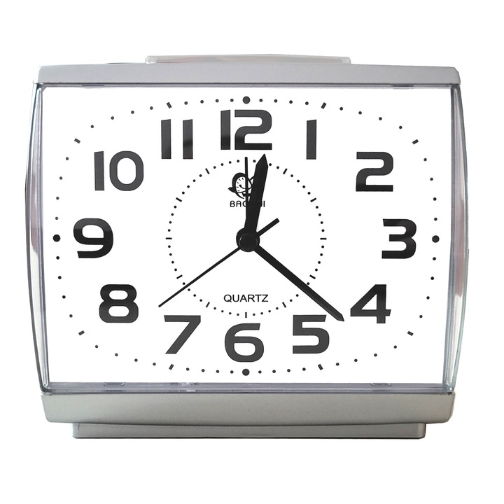 Ceas de masa K10, functie alarma, alimentare 1 x baterie AA 1.5V inclusa, 15x14 cm, argintiu