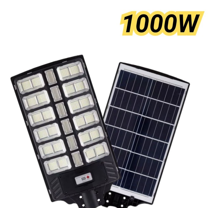 Лампа 1000W LED слънчева улична с фотоволтаичен панел, сензор за движение, дистанционно управление, автоматично външно осветление, IP66, устойчива на дъжд и прах, идеална за двор, градина, паркинг, пътища