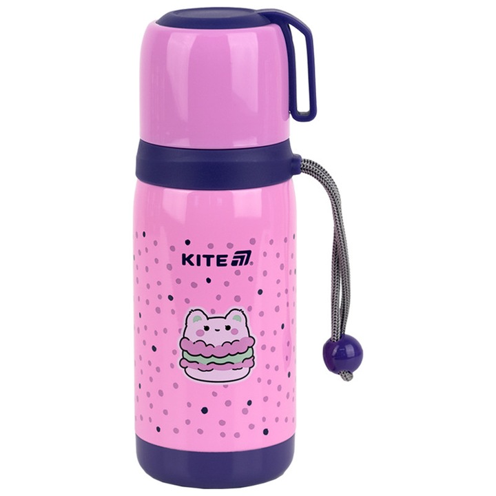 Термос за момиче с цедка и капак чаша, термос за училище от неръждаема стомана виолетов Kite 350 мл
