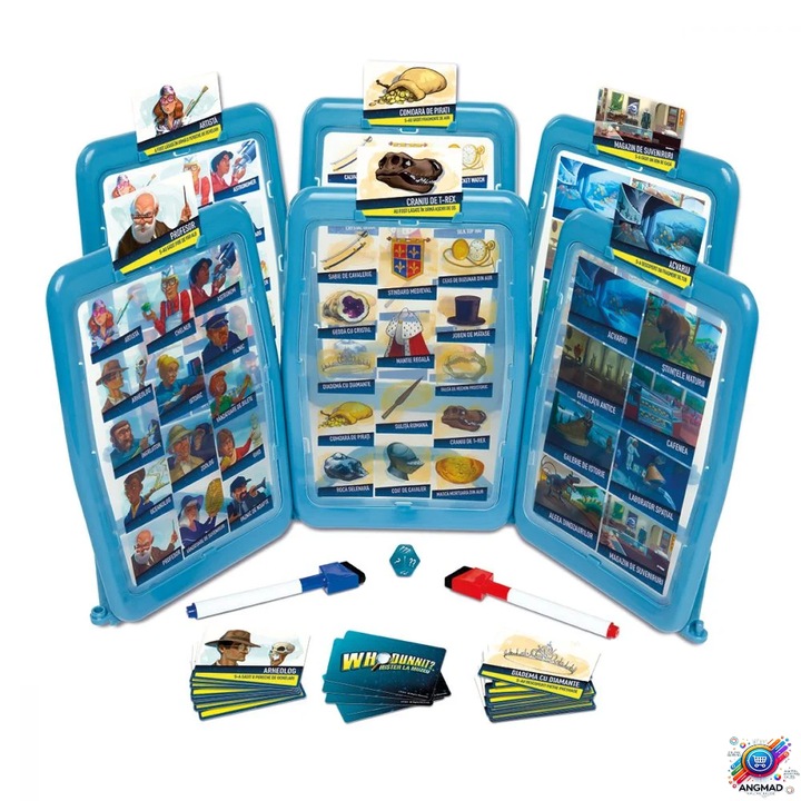 Настолна игра ANGMAD на RO, Мистерия в музея: 6 рамки с подложки, 36 карти, 6 прозрачни дъски, 2 маркера, които могат да се мият, 1 зарче и правила, 2-4 играчи, многоцветно синьо, мин. възраст. преп. 7+ години