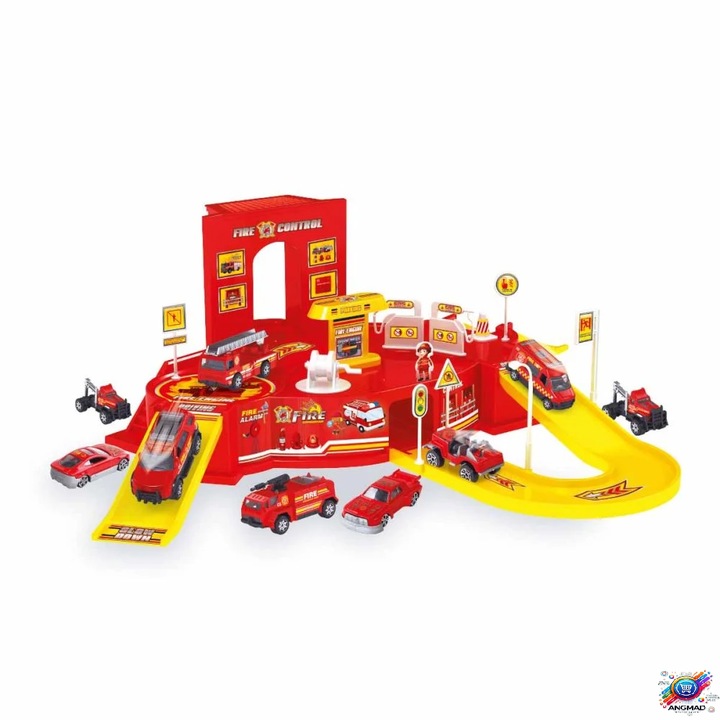 Set de joaca ANGMAD, Statie de pompieri, 4 masinute metalice, rosu multicolor, 52x7x35cm