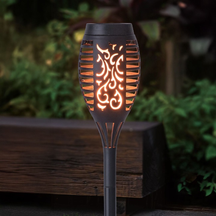 Napelemes LED zseblámpa lánghatással, fekete műanyagból, 49 cm