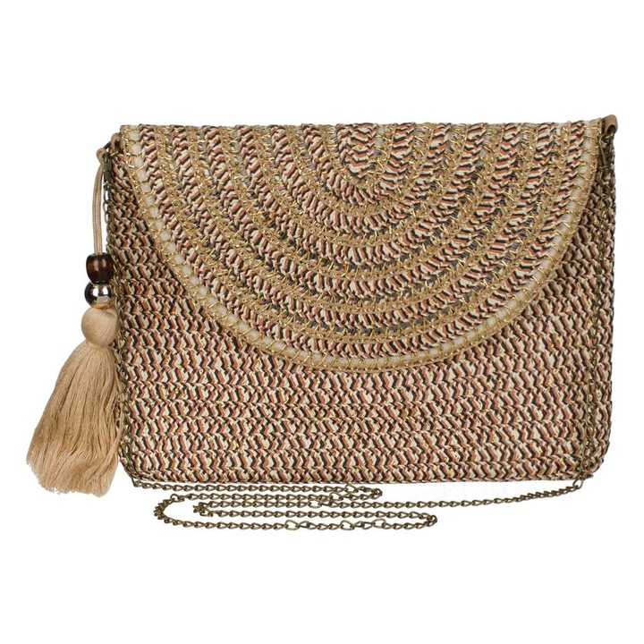 Сламена чанта през рамо със златиста верижка с пискюли за жени 30x22.5 см