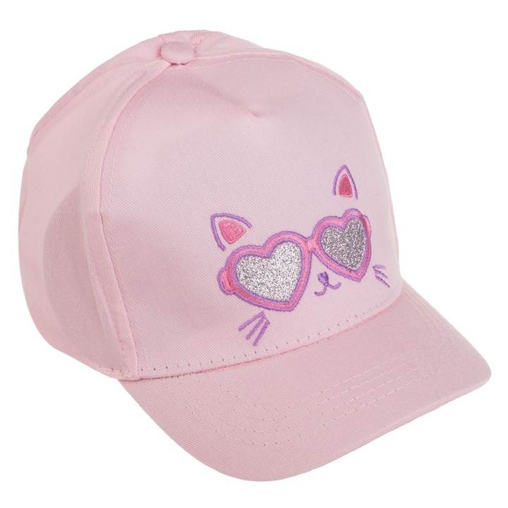 Розова памучна шапка с котешка физиономия, сърца и сребърен брокат за бебета