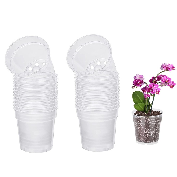 Set 20 Ghivece transparente pentru plante, ZGGZERG, Cu drenaj, Reutilizabile, Economiseste spatiu, Durabil si stabil, Forma Rotunda, Design clasic, Pentru flori, ierburi si cactusi, Plastic, 11.5*11.5*11CM