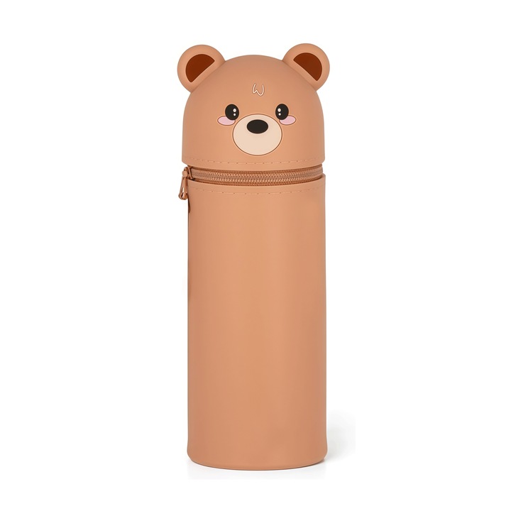 Szilikon tolltartó, kihúzható írószertartó, irodai tolltartó, cipzáras záródás, ceruzák, színes ceruzák stb. tárolására, 6,6 * 6,6 * 19 cm, barna, mackó stílusú, összecsukható és vízálló, aranyos és praktikus