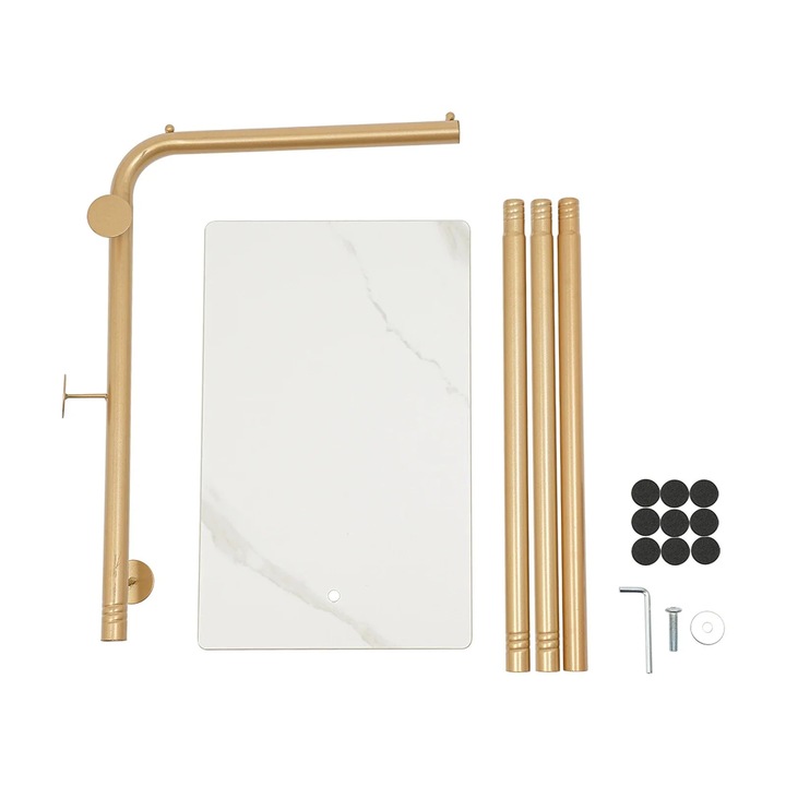 Szabadon álló ruhaakasztó, L alakú, 3 akasztóval, 170 cm, teherbírás 35 kg, arany színű