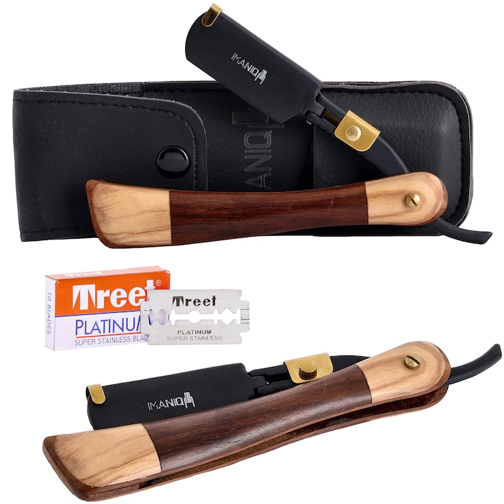 Brici de ras Imaniq B-Gun, set cu etui, design ergonomic, inox, maro/negru