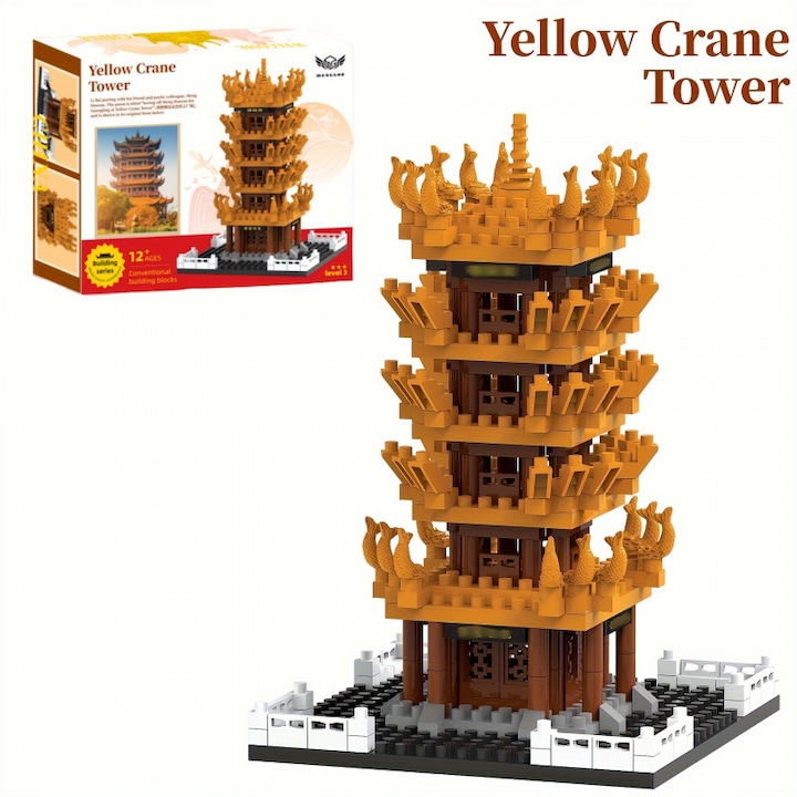 Set De Constructie Turra Grulla Galbena-322 Piese，Arhitectura traditionala chineza，Frumoasa.，Jucarii de constructie DIY、Adecvat pentru colectii，Cadoul perfect.,12 ani 322