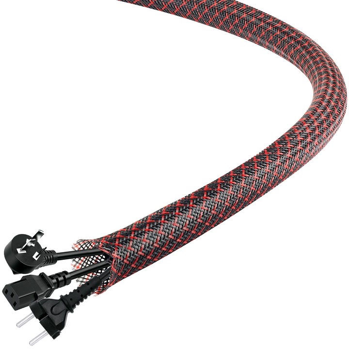 Защита за кабели за организация на кабели, PET плетена, 7.6 м 1 инч, черно-червена, защита от ухапване от домашни любимци