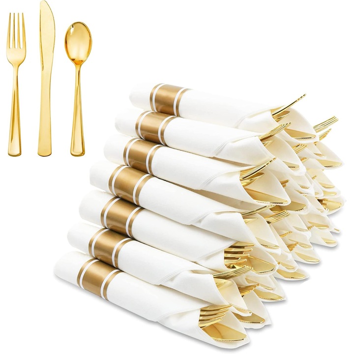 Set de 25 Tacamuri, BYONDSELF®, Plastic durabil, Lingura/furculita/cutit/servetel, Auriu