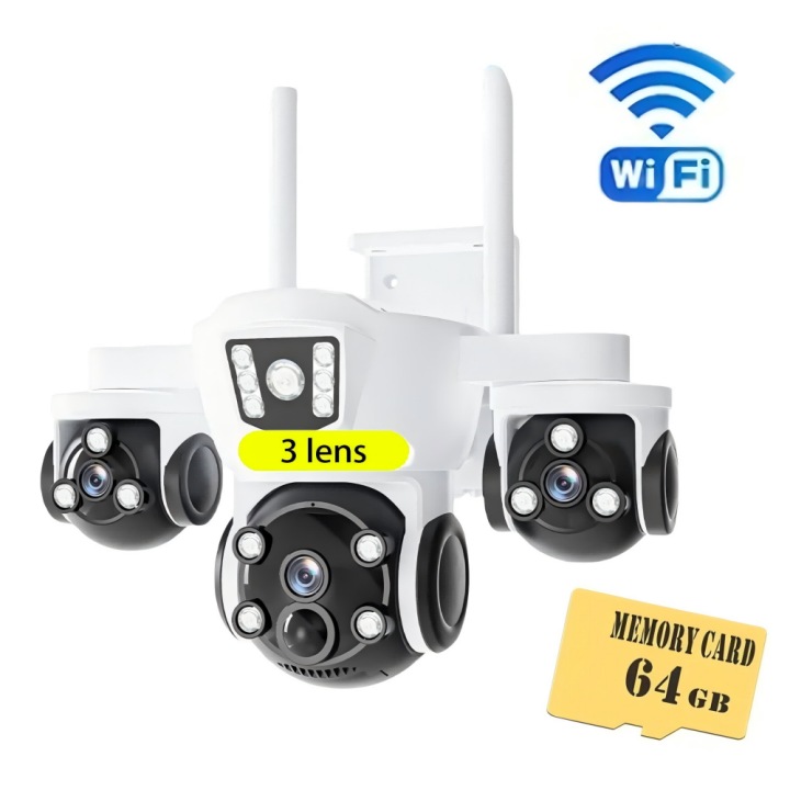 Camera de Supraveghere Tripla WIFI MOSMAOO®, 15MP, Digital Zoom de 10x, Ultra -Wide, Exterior/Interior, Ultra HD, Rotire, Leduri, Lumina, Comunicare Bidirectionala, Alarma, Functie Wireless, Senzor Miscare, Vedere Noaptea, Alb