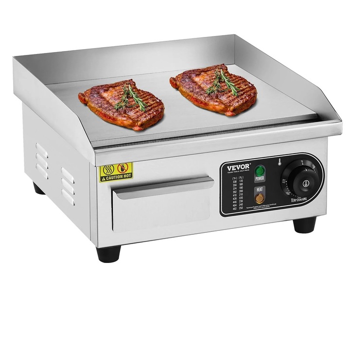 Elektromos sütőlap, 2000 W, 10 mm-es vaslap, hőmérséklet-szabályozás, ezüst