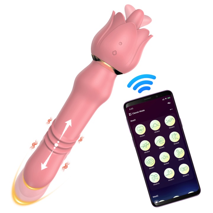 Вибратор LOTUSIF с управление чрез приложение – 2 в 1 унисекс секс играчка, с телескопичен дилдо, 12 режима на облизване и 12 режима на вибрация, силна стимулация за G-точка, клитор, вагина и анал, бледо розов
