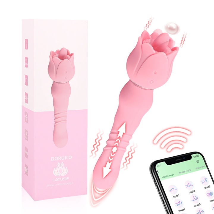 LOTUSIF Vibrátor Applikációs vezérléssel, 2 az 1-ben unisex szexuális játék, teleszkópos dildóval, 12 nyalási móddal és 12 rezgési móddal, erős stimuláció a G-pontra, a csiklóra, vaginális és anális, halványrózsaszín