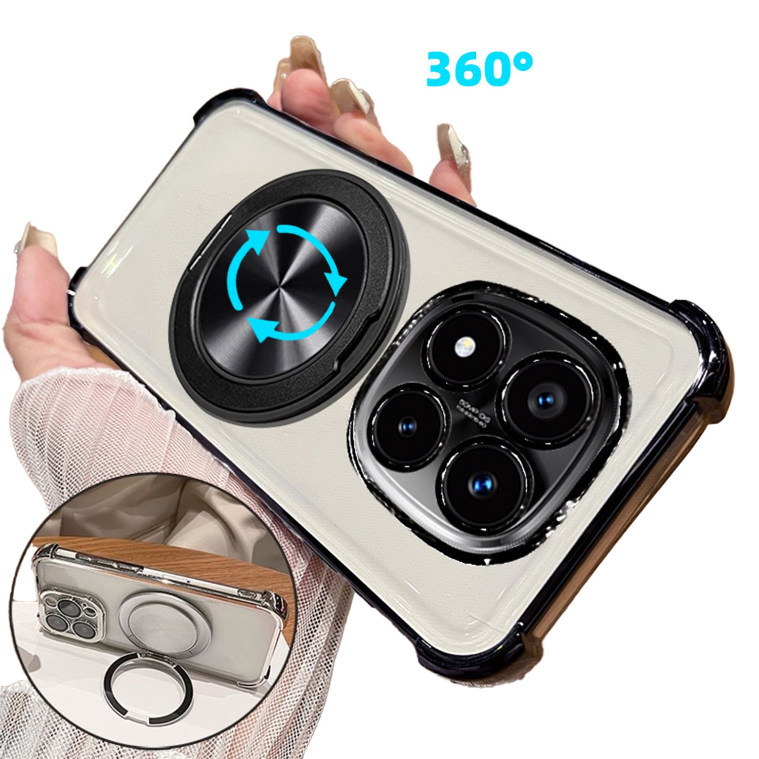 Husa pentru Xiaomi Redmi Note 14 Pro Plus 5G, Magnetic MagSafe, Suport Rotativ Magnetic 360, Protectie Colturi, Ultra Protect, Anti-Shock Protection, transparent/Negru carbon