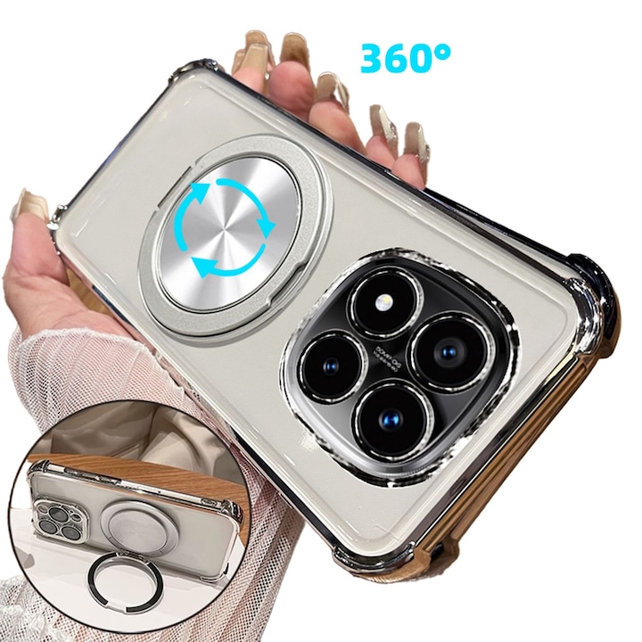 Husa pentru Xiaomi Redmi Note 14 Pro Plus 5G, Magnetic MagSafe, Suport Rotativ Magnetic 360, Protectie Colturi, Ultra Protect, Anti-Shock Protection, transparent/argint