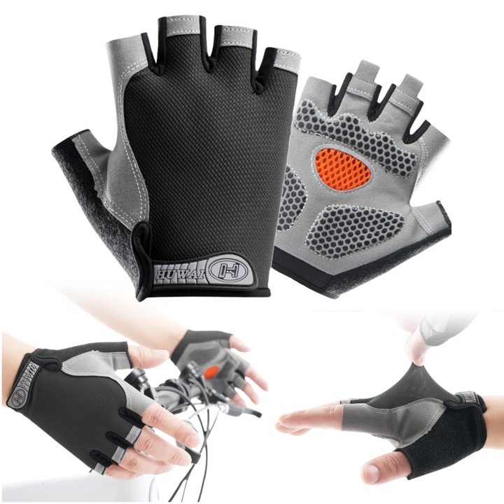 Велосипедни ръкавици без пръсти, Gearox, 3x13x9 см, дишащ материал, гел вложки за омекотяване, неплъзгащ се захват, регулируеми с велкро, сиви