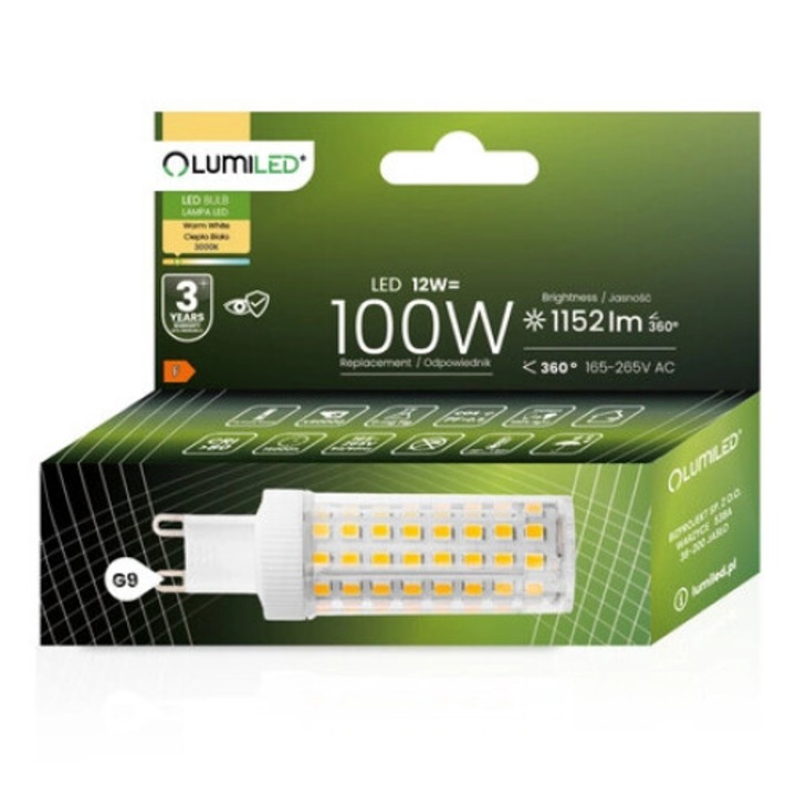 Bec LED G9 12W(100W) 1152lm 3000K Lumina calda 360° LUMILED