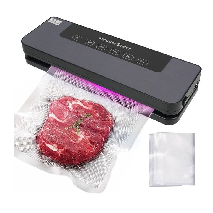 Вакуумна машина за запечатване на храна, 120 W, сухо и мокро почистване, автоматична работа, 30 торбички включени, опция за скорост, черен цвят