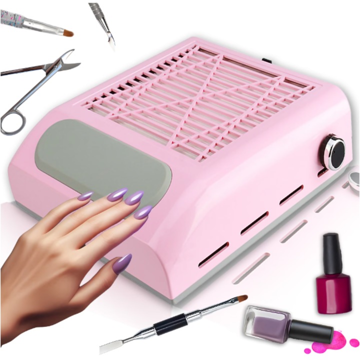 Aspirator de Praf Unghii Profesional pentru Manichiura si Pedichiura, 80W, 4500RPM, 2 viteze reglabile, ABS, Cu ventilator de racire, Roz