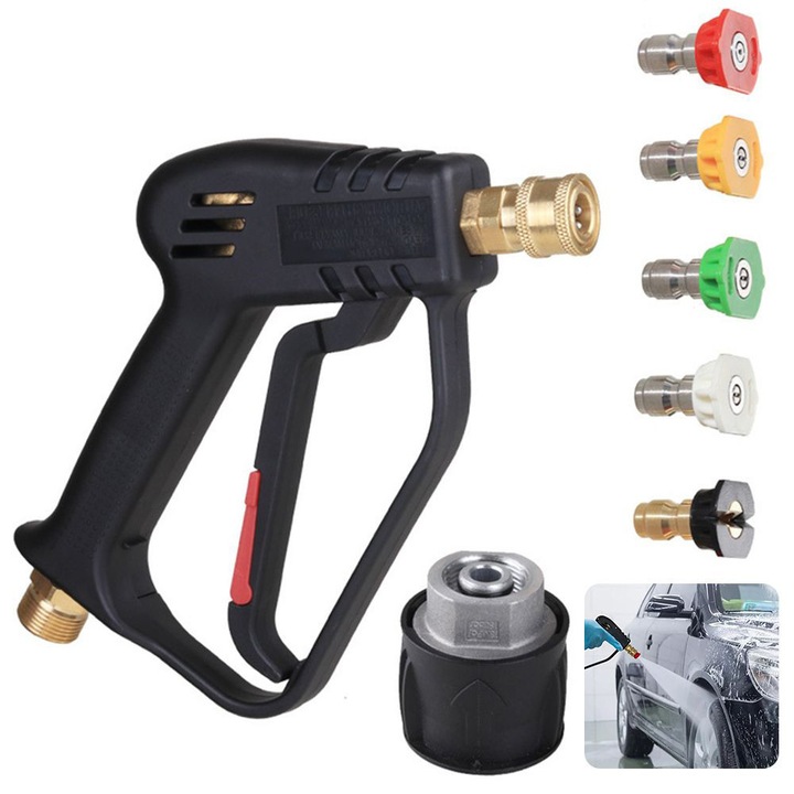 Pistol de spalat cu presiune, 5 duze, 4000psi, Jeturi - 0°, 15°, 25°, 40°, 65°, Cu un convertor, Negru