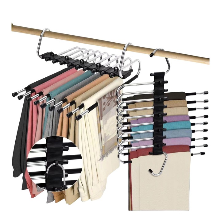 Set 2 Umerase Organizator pentru Pantaloni, Otel, 9 Tije per Umeras, Design S-Shape Inovator, Economiseste Spatiu in Dulap, Pentru Pantaloni, Fuste, Cravate si Alte Articole, Argintiu