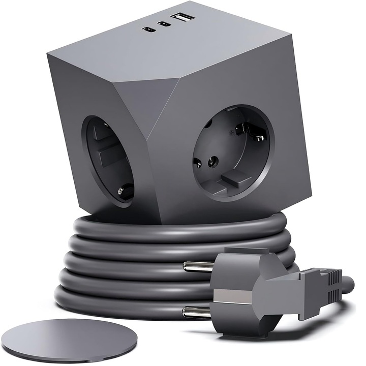 Разклонител тип кула, 2xUSB/1xType-C/3xAC контакта, 1.5 м, 3680W, 7.5x7.5x7.5см, Черен