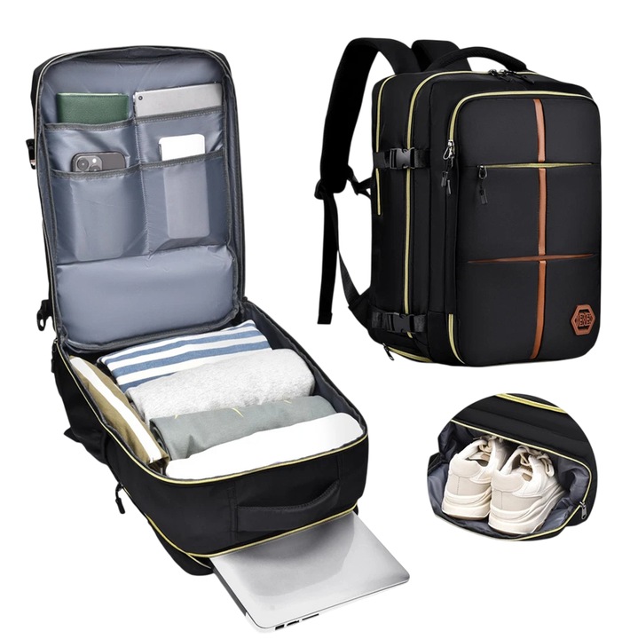 Rucsac voiaj, bagaj de mana, Rucsac calatorie avion, Deschidere la 180 de grade, impermeabil, Poate depozita laptopuri si incaltaminte, 43x30x13 cm, Negru