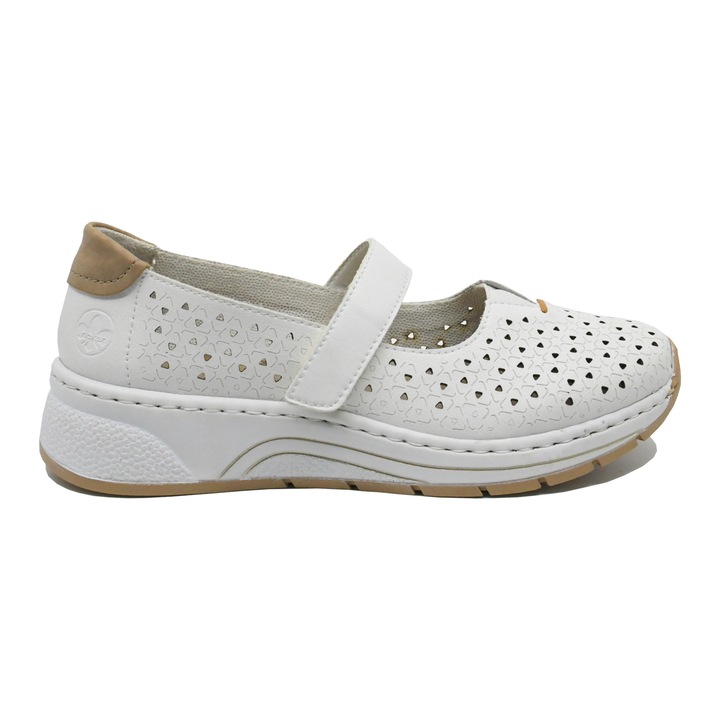 Pantofi dama confortabili Rieker albi cu perforatii si bareta RIKN6553-80, Alb