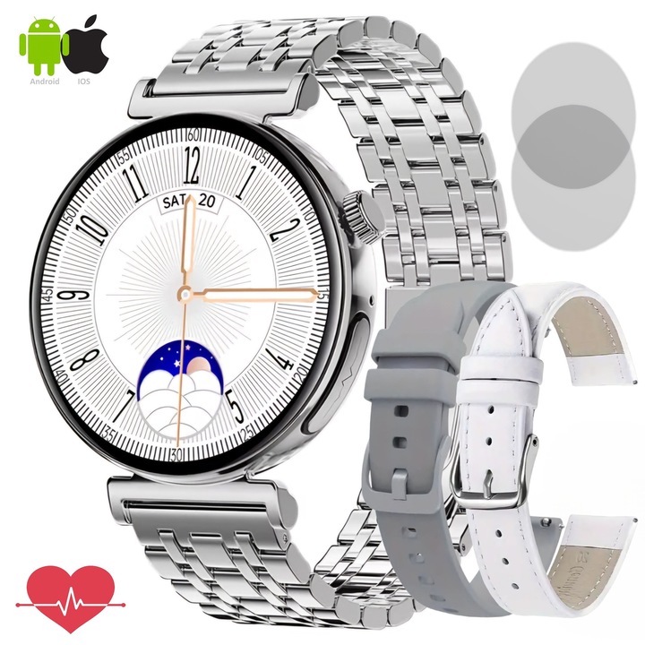 ZENARK® дамски смарт часовник, MED 13 PRO, 1.28-инчов Ultra HD 4K AMOLED екран, известия, обаждания, ЕКГ, кръвна захар, средно ниво на радиация, MET, HRV, дишане, анализ на кръв/организъм, сън, пулс, кръвно налягане, пикочна киселина, спорт, сребрист