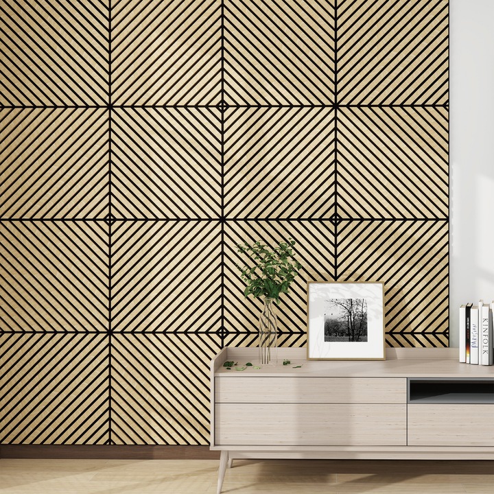 Set 4 bucati panouri acustice perete, neu.holz, Vang, 60 x 60 x 2,1 cm, mdf, 1,44 m², efect lemn stejar nuanta deschisa, design 45° diagonala