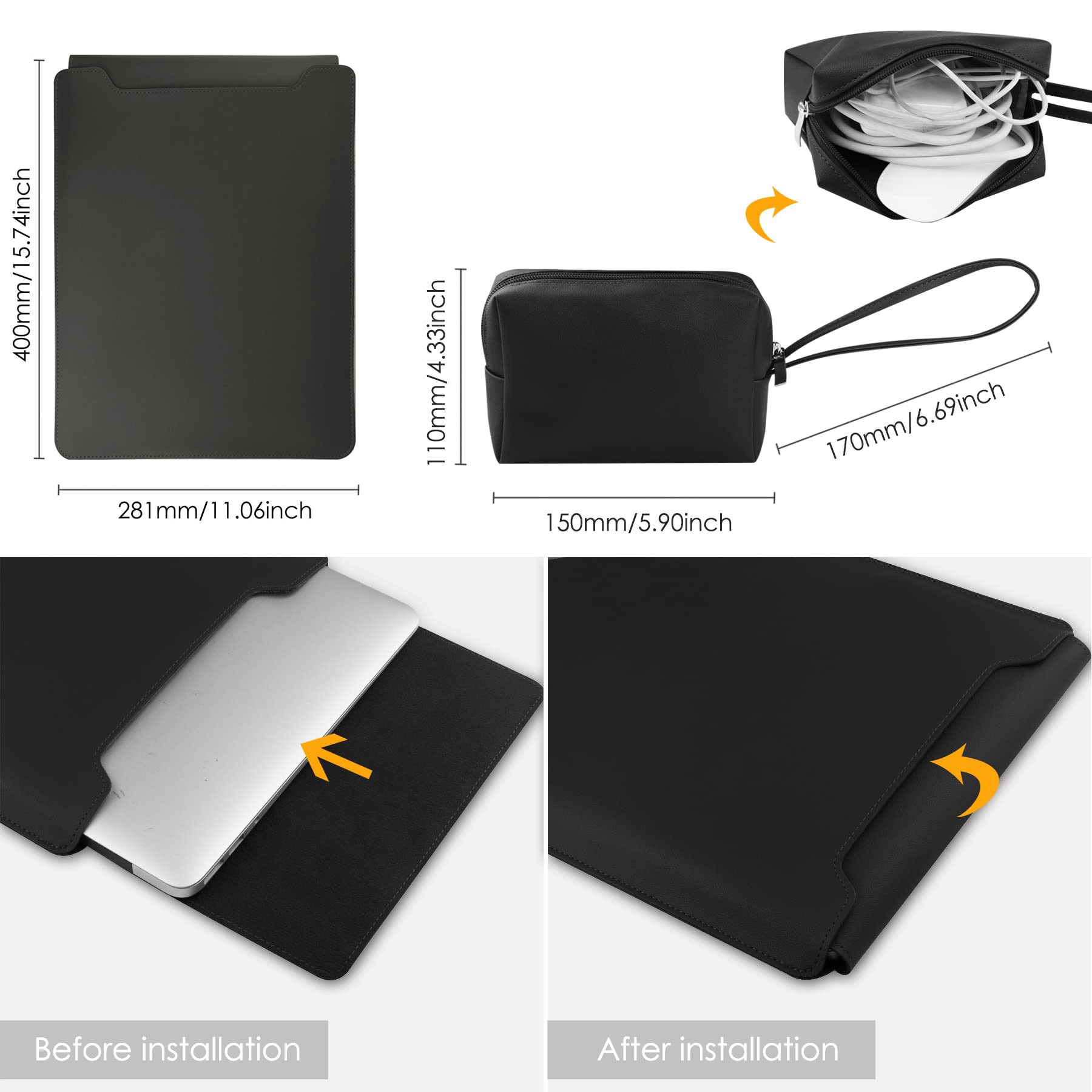 Husa Laptop 15-16 inch, 4 in 1 cu foldable stand, compatibila cu MacBook Air, MacBook Pro, Piele Ecologica, Marime Universala, 28 x 38 cm, Gri