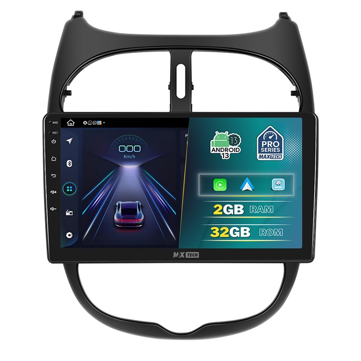 Peugeot 206 1998-2012 navigáció, MaxTech® PRO SZÉRIA, 2 GB RAM 32 GB ROM, Carplay és Android Auto, 9" HD érintőképernyő, GPS, Wifi, Bluetooth, Rádió, USB, EQ, DSP, Waze, Youtube, Google Play