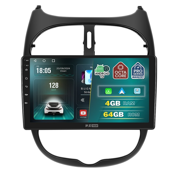 Navigatie Peugeot 206 1998-2012 dedicata, MaxTech® PRO SERIES, 4 GB Ram 64 GB Rom OctaCore, Carplay & Android auto, Ecran 9 ” HD Touch, GPS, Wifi, Bluetooth, Radio, USB, EQ, DSP, Waze, Youtube