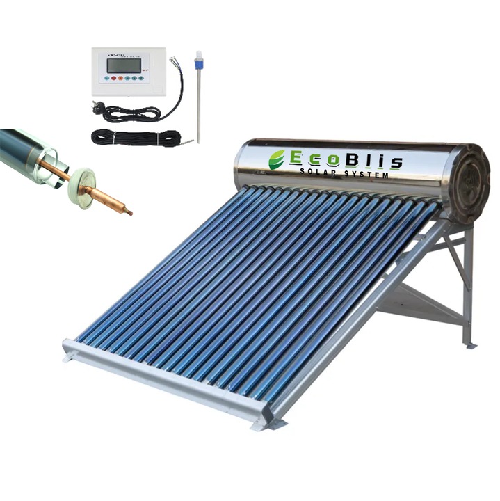 Panou solar apa calda Presurizat 150L ECOBLIS + Controller + Rezistenta Electrica, inox, 15 tuburi Heat Pipe, suport inox, kit complet panou solar apa calda cu presiune