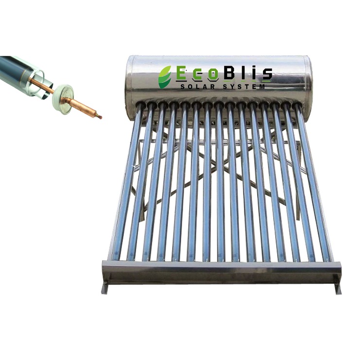 Panou solar apa calda Presurizat 120L ECOBLIS, inox, 12 tuburi Heat Pipe, suport Inox, Kit Complet panou solar apa calda cu presiune
