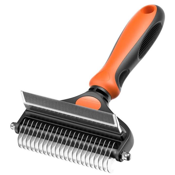 Perie Caini, Pisici, Animale, Descalcire blana, Anti-naparlire, Tesala si Trimmer 2 in 1, pentru tuns par scurt si lung