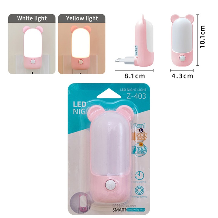 Veioza de noapte LED pentru copii, Design dragut de desen animat, 2 culori de lumina, Buton ON/OFF, Consum redus de energie, Culoare: Roz