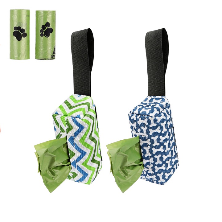 Dispenser pungi pentru deseuri animale, TREXORA, set 2 bucati cu 2 role pungi cu imprimeu labute, plastic biodegradabil, rezistent si etans, multicolor