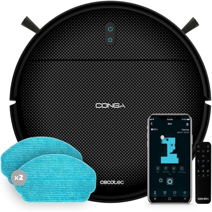 Aspirator robot Cecotec cu navigatie giroscopica Conga 999 Map X-Treme. Motor de aspirare 2000 Pa, 2 perii laterale, 2 mopuri, autonomie de 120 minute, control prin aplicatie si telecomanda