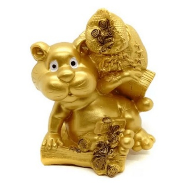 Statueta feng shui GOBI® Tigru auriu cu Sac de bani, pusculita - 11cm, model TT24
