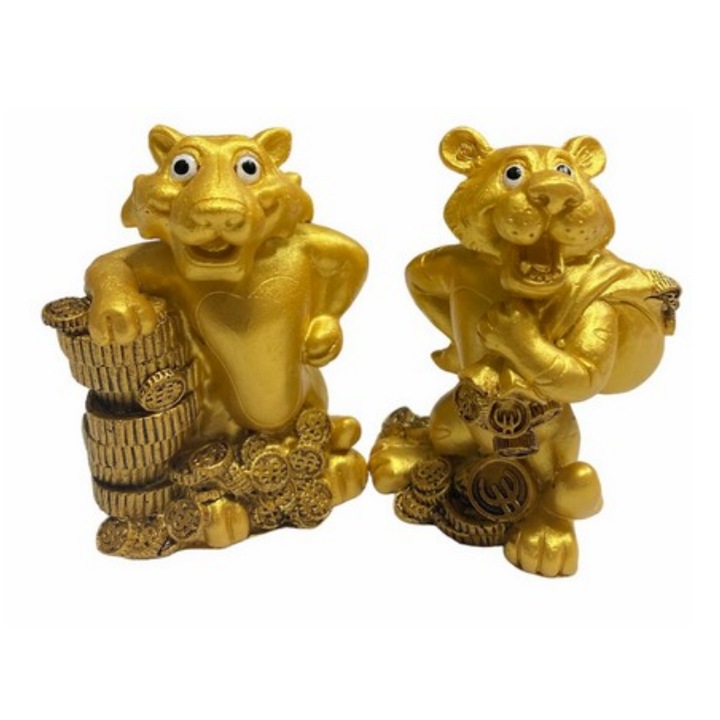 Statueta feng shui GOBI® Tigru auriu cu Monede, 2/set - 9cm, model TT26