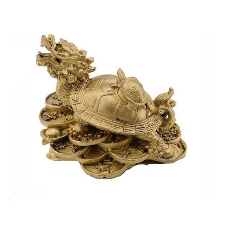 Statueta feng shui GOBI® din rasina cu Broasca Dragon si testoasa pe monede si pepite, 11cm