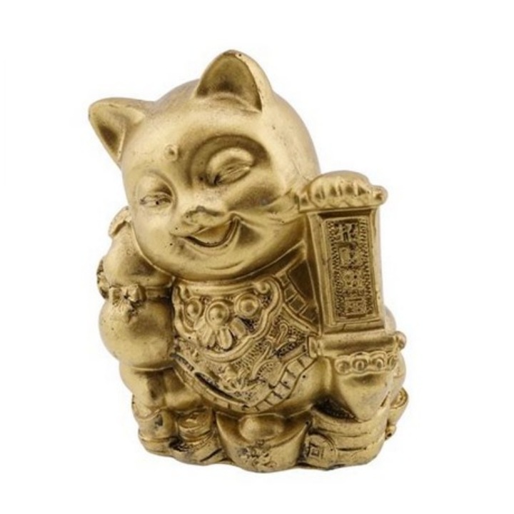 Statueta feng shui GOBI® din rasina cu Pisica Maneki Neko cu mantre si wu lou, 9, 3cm, model Z20