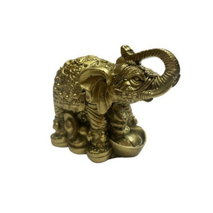 Statueta feng shui GOBI®elefant cu trompa ridicata pe bani si pepite din rasina 7cm, model FS54